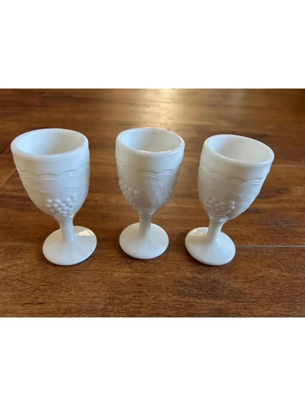 Set of 3 Vintage White Milk Glass Goblets with Grape Design